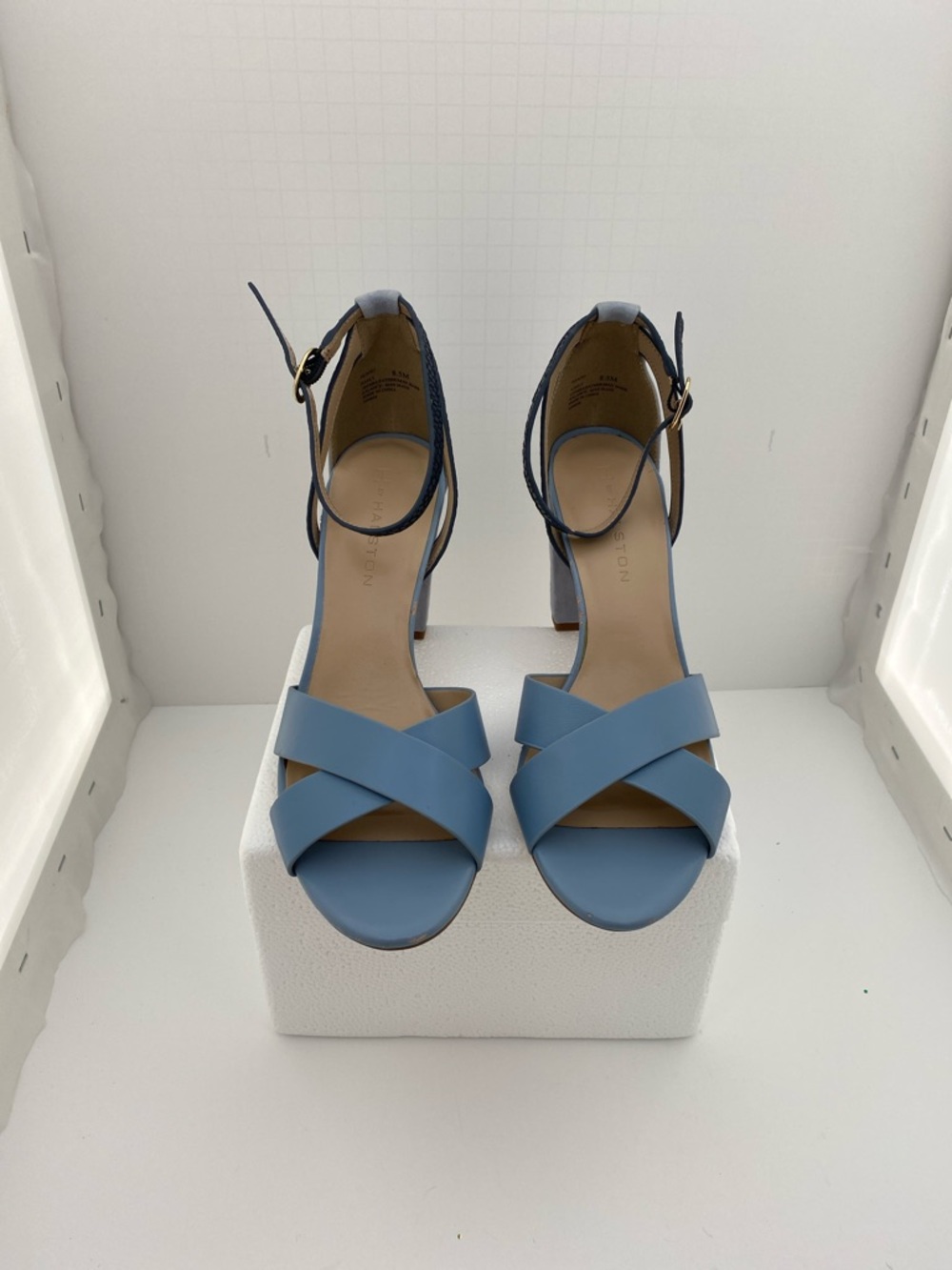 Halston Heritage Light Blue Crisscross Ankle-Strap Block Heels